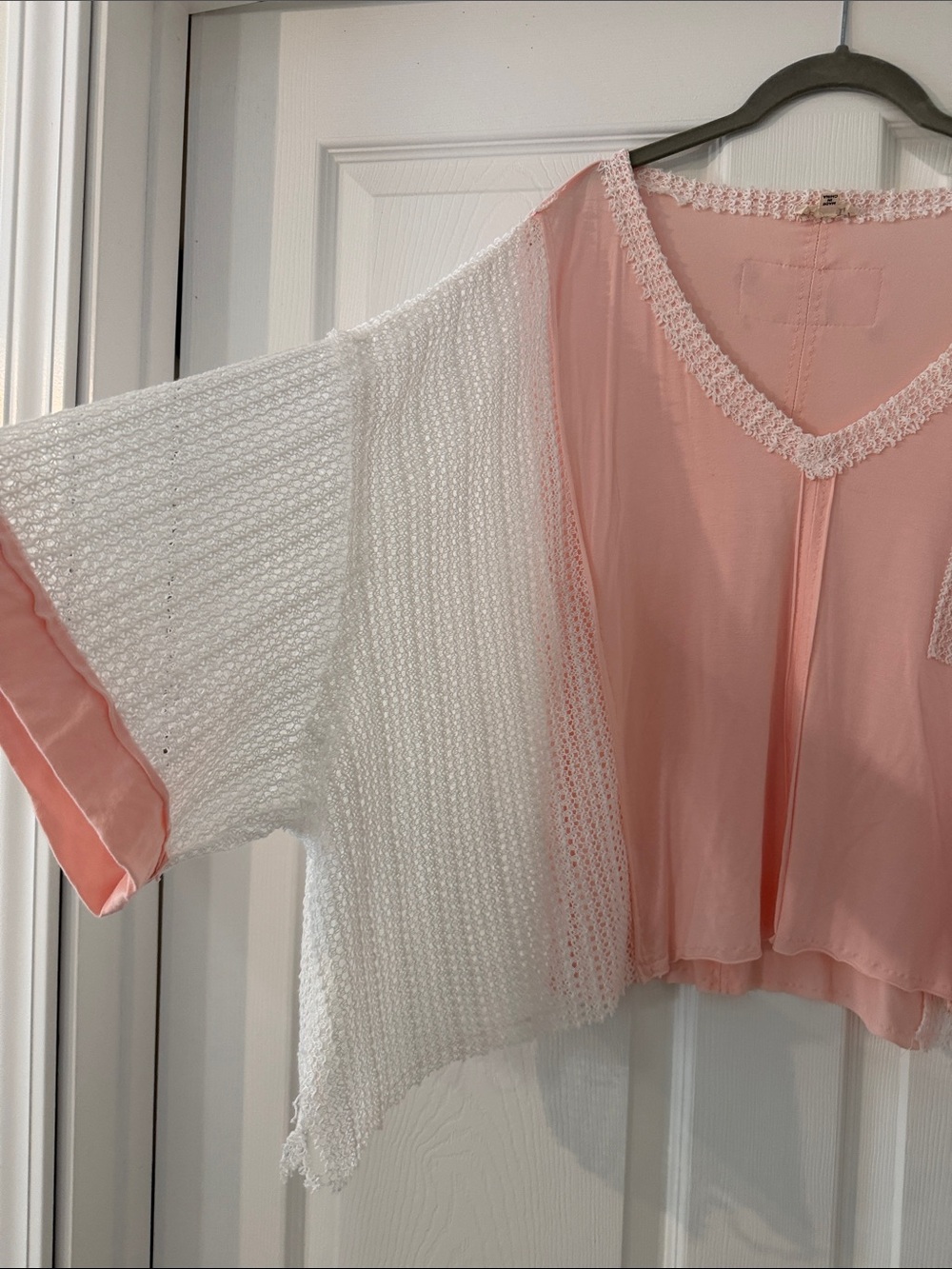 POL Pink Mixed-Media V-Neck Tunic with Floral Sleeve - Picture 3 of 5